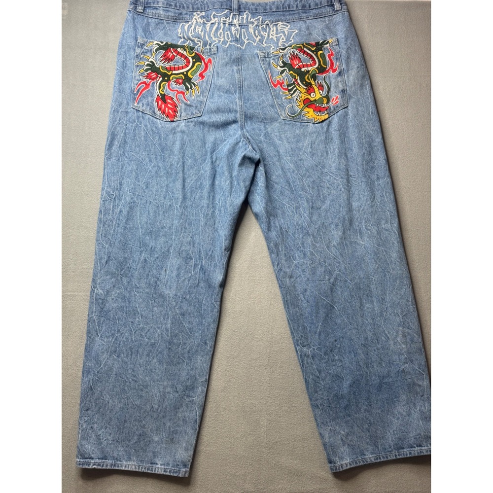 Ninth Hall Dragon Embroidered Baggy Jeans Sz 40x30 Y2K Cyber Grunge Streetwear - Picture 6 of 12